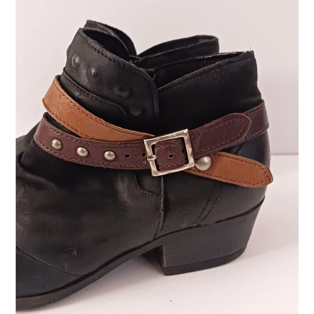 Miz Mooz Bucky Blk Leather Ankle Boot Stud Harness Strap EU 40 US 9